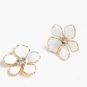 💜 J. Crew White Enamel Flower Earrings With Crystal Center & Gold Trim  Hypoall